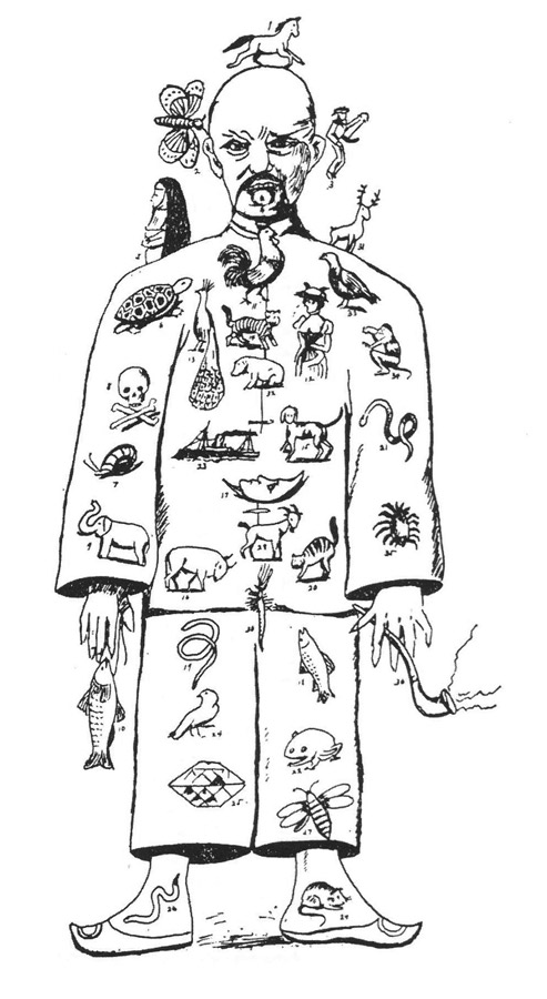 From a Cuban Chinese dream interpretation book, a black-and-white illustration of a man covered with symbolic animals and objects.